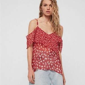 All Saints - Red and White Off-shoulder Floral Print Top